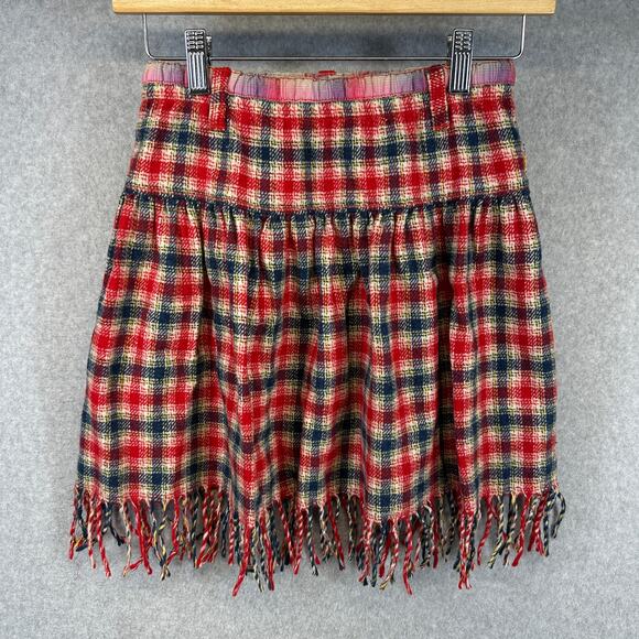Oilily Skirt Kids Girls Size 140 US 10 Red Blue Plaid Pull On Elastic Fringe